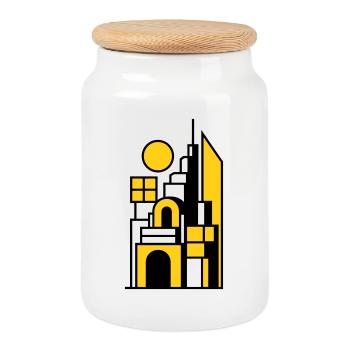 Abstract Cityscape in Yellow Black - Cookie Jar with Wooden Lid - white - Front
