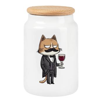 Mafia Cat with Wine | Funny Cartoon Illustration - Keksdose mit Holzdeckel - Weiß - Vorne
