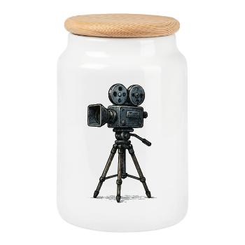 Vintage Film Camera Tripod - Cookie Jar with Wooden Lid - white - Front