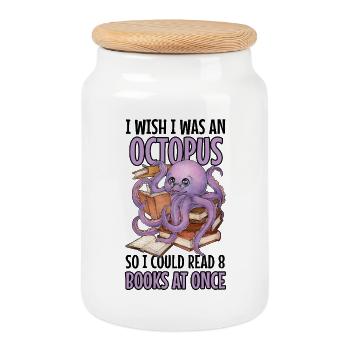 Reading Octopus in Stack of Books Book Gift - Cookie Jar with Wooden Lid - white - Front