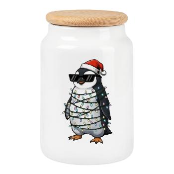 Noël pingouin mignon avec des guirlandes lumineuses dessin animé - Boîte à biscuits avec couvercle en bois - blanc - Devant