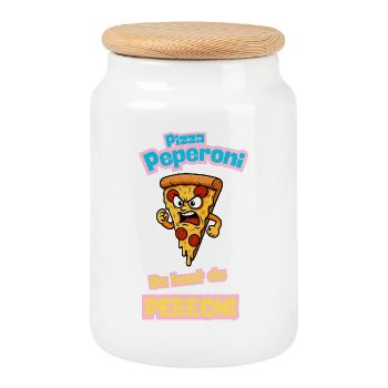 Angry Pepperoni Pizza Caricature - Cookie Jar with Wooden Lid - white - Front