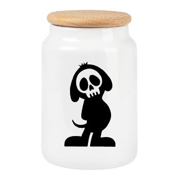 Black Dog Skull and Silhouette - Cookie Jar with Wooden Lid - white - Front