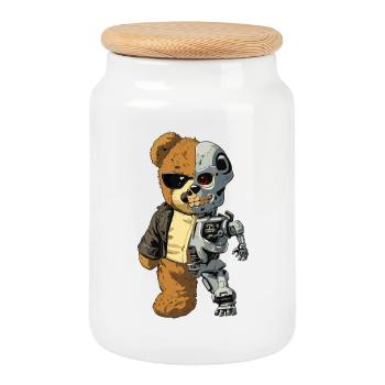 Bear Robot Cyborg - Cookie Jar with Wooden Lid - white - Front