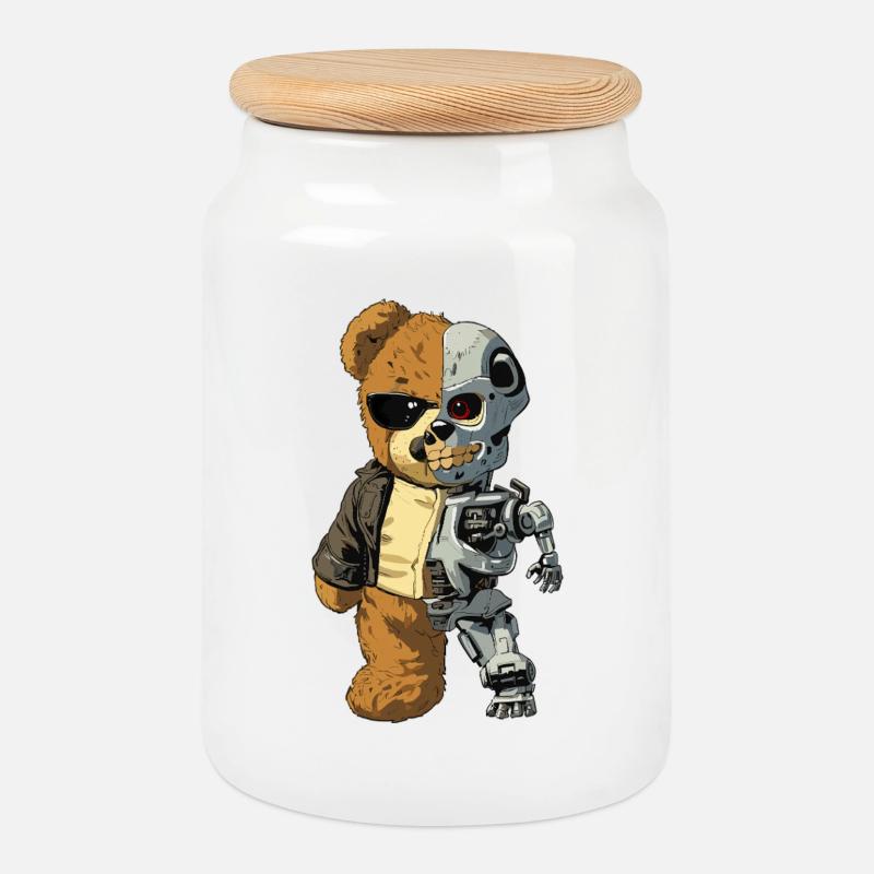 Bear Robot Cyborg - Cookie Jar with Wooden Lid - white