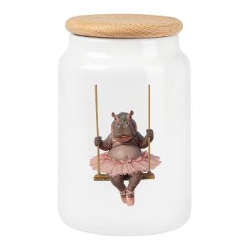 Hippopotamus in Ballet Tutu Surreal Design - Cookie Jar with Wooden Lid - white - Front