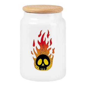 Crâne en flammes stylisé - Boîte à biscuits avec couvercle en bois - blanc - Devant