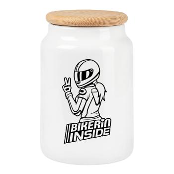 Motard à l’intérieur (les couleurs peuvent être changées) - Boîte à biscuits avec couvercle en bois - blanc - Devant