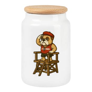 Mascotte bouledogue sauveteur sur la chaise de sauvetage - Boîte à biscuits avec couvercle en bois - blanc - Devant