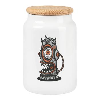 Monstre mécanique à l’œil orange - Boîte à biscuits avec couvercle en bois - blanc - Devant