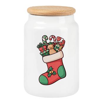 Illustrierter Weihnachtsstrumpf – festlich und niedlich - Keksdose mit Holzdeckel - Weiß - Vorne
