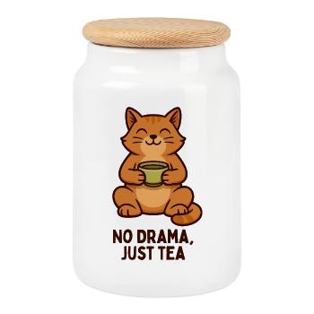 Cat tea: Calm instead of drama - Cookie Jar with Wooden Lid - white - Front