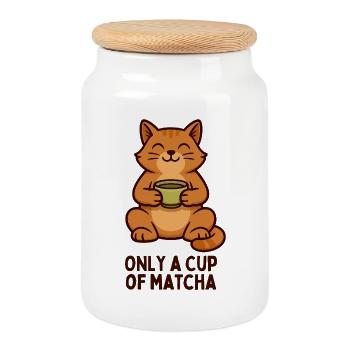 Cat Happiness Matcha Moment - Cookie Jar with Wooden Lid - white - Front