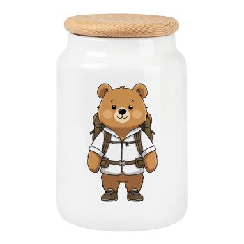 Adventure bear with backpack - Cookie Jar with Wooden Lid - white - Front