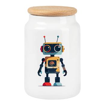 Petit robot dans un motif pour enfants de style jouet - Boîte à biscuits avec couvercle en bois - blanc - Devant