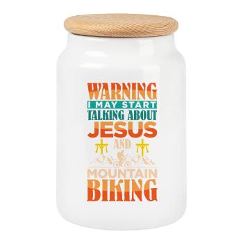 Mountain Bike Mountain Bike Jesus Christianity - Cookie Jar with Wooden Lid - white - Front