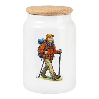 Adventurous hiker with backpack - Cookie Jar with Wooden Lid - white - Front