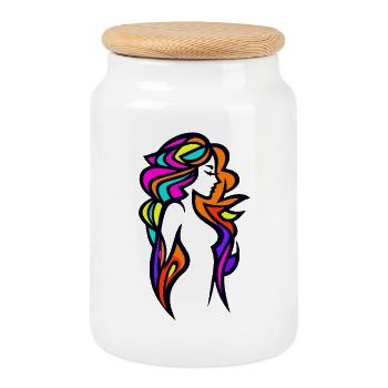 Neon Woman Silhouette with Colorful Stripes - Cookie Jar with Wooden Lid - white - Front