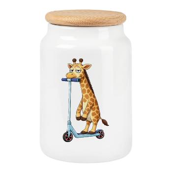 Cute Giraffe Scooter Scooter Friendship Cartoon - Cookie Jar with Wooden Lid - white - Front