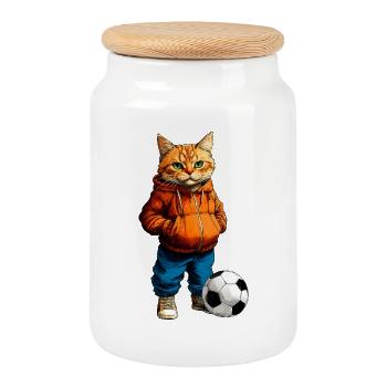 Fussballer Katze - Keksdose mit Holzdeckel - Weiß - Vorne