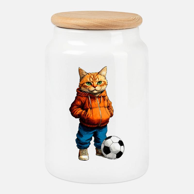 Fussballer Katze - Keksdose mit Holzdeckel - Weiß