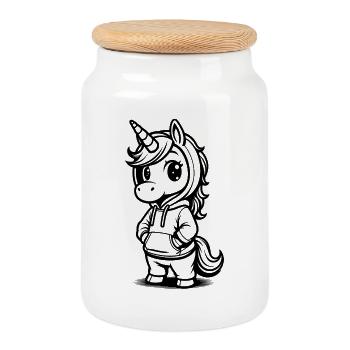 Chibi-Einhorn im Hoodie - Keksdose mit Holzdeckel - Weiß - Vorne