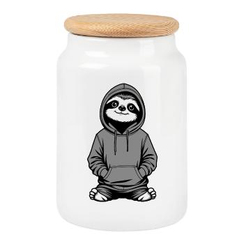 Slow-Chill Sloth Pullover Hoodie - Cookie Jar with Wooden Lid - white - Front
