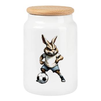 Footballeur Lapin - Boîte à biscuits avec couvercle en bois - blanc - Devant