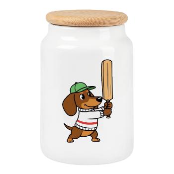 Dachshund Cricket Dog With Bat Cartoon - Cookie Jar with Wooden Lid - white - Front