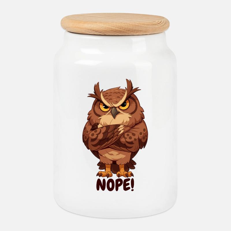 Nope! Grimmige Eule mit Attitüde - Keksdose mit Holzdeckel - Weiß