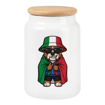 Italy Cartoon Dog Bulldog Cool & Stylish - Cookie Jar with Wooden Lid - white - Front