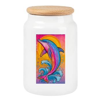 dolphin - Cookie Jar with Wooden Lid - white - Front
