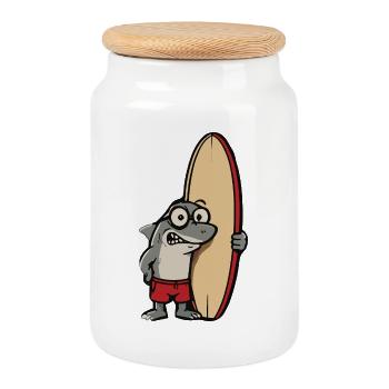 Dessin animé requin surfeur avec planche de surf - Boîte à biscuits avec couvercle en bois - blanc - Devant