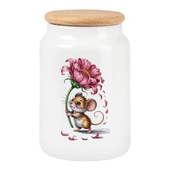 Maus mit Blüte T-Shirt Geschenk für Mäusefans - Keksdose mit Holzdeckel - Weiß - Vorne