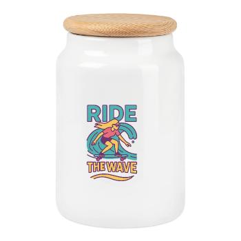 T-shirt thème surf et défilement - Boîte à biscuits avec couvercle en bois - blanc - Devant