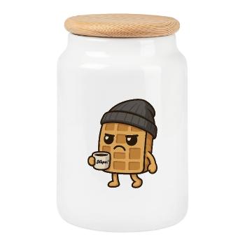 Grumpy Kawaii Waffel - Coffee Beanie Cartoon - Keksdose mit Holzdeckel - Weiß - Vorne