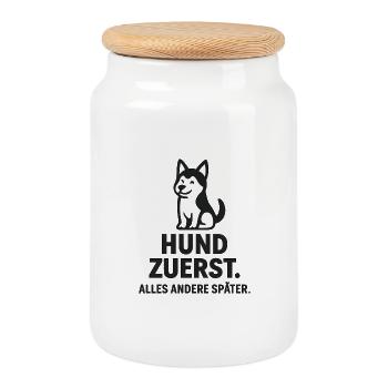 Hund zuerst - Alles andere später - Keksdose mit Holzdeckel - Weiß - Vorne