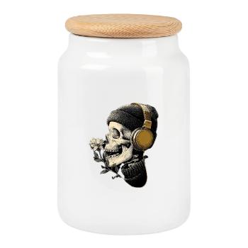 Headphone Skull with Flower - Cookie Jar with Wooden Lid - white - Front