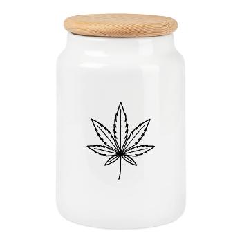 Line Art Cannabis Leaf - Cookie Jar with Wooden Lid - white - Front