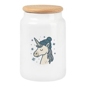 Winter unicorn with hat - Cookie Jar with Wooden Lid - white - Front
