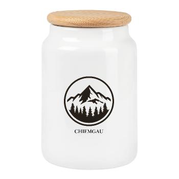Logo alpin – Motif minimaliste de montagne et de forêt dans le - Boîte à biscuits avec couvercle en bois - blanc - Devant