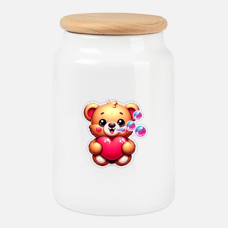 Teddybär mit Herz und Seifenblasen - Keksdose mit Holzdeckel - Weiß