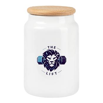 The Lion’s Lift: Minimalist Zodiac Gym Graphic - Keksdose mit Holzdeckel - Weiß - Vorne