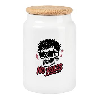 Edgy Skull with Sunglasses and No Rules Text - Cookie Jar with Wooden Lid - white - Front