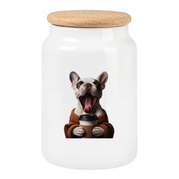 Eine müde Französische Bulldogge mit Kaffee - Keksdose mit Holzdeckel - Weiß - Vorne