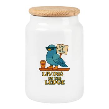 Funny Dove with Shield & Coffee - Cookie Jar with Wooden Lid - white - Front