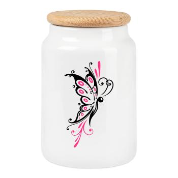 Großer filigraner Schmetterling, Girlie Tattoo Sty - Keksdose mit Holzdeckel - Weiß - Vorne