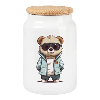 Sunglass Panda in cooler Jacke - Keksdose mit Holzdeckel - Weiß - Vorne