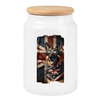 Schäferhund mit Großbritannien Flagge - Keksdose mit Holzdeckel - Weiß - Vorne