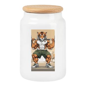 Tigre musculaire en entraînement gym - Boîte à biscuits avec couvercle en bois - blanc - Devant